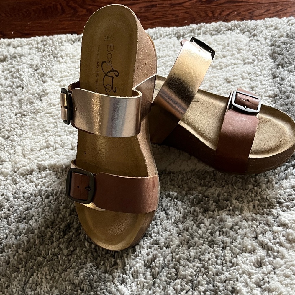 Bos & Co Italian Leather wedge Sandals in Brown and rose Gold